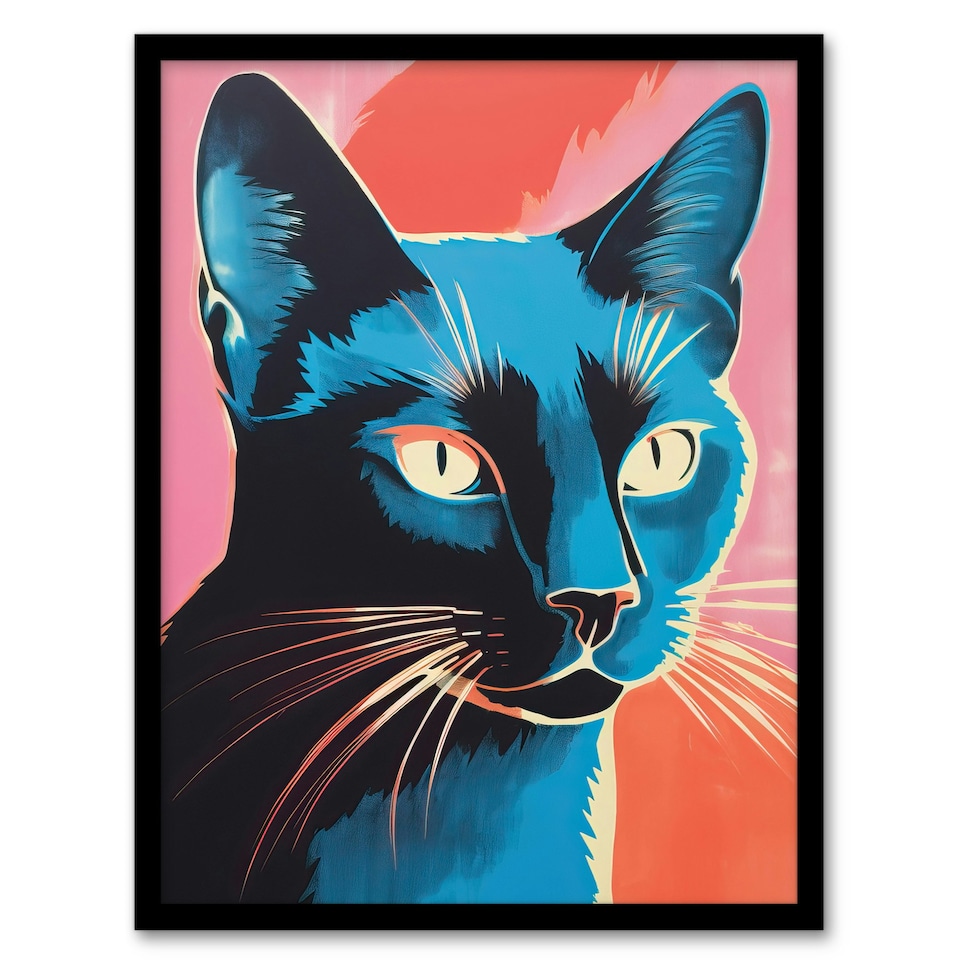 image 1 of Siamese Cat On Pink Red Screen Risograph Style Black Framed Wall Art Print A4