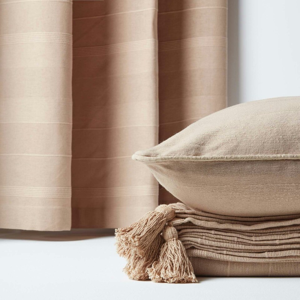 image 1 of Homescapes Cotton Rajput Ribbed Beige Throw - 255 x 360 cm | Cream