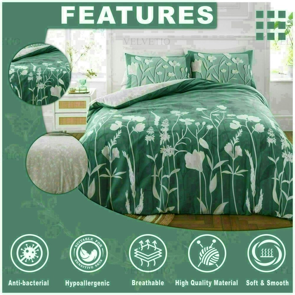 image 1 of Gigi Floral Printed Duvet Cover Set Reversible Polycotton Beddings Green | Double