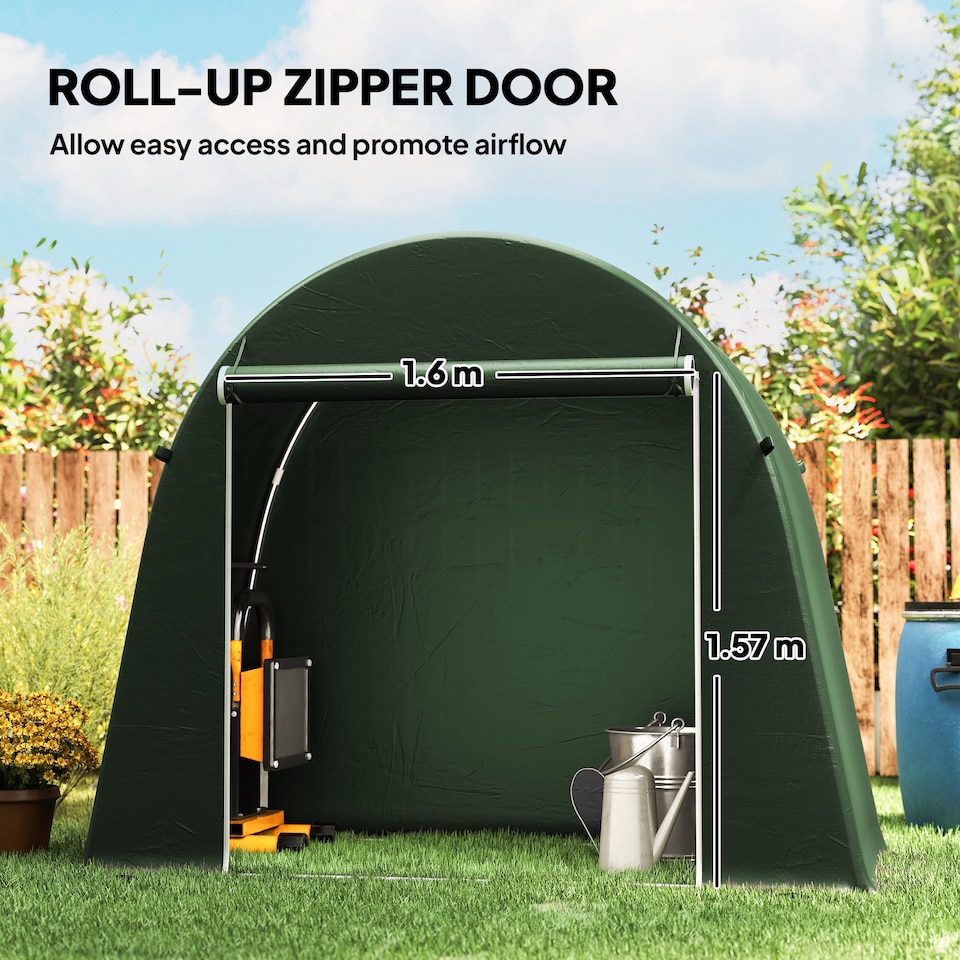 image 1 of Outsunny 8 x 4 ft Garden Storage Shed Tent, Waterproof Bike Tent with Roll-up Zipper Door and Galvanised Metal Frame, Outdoor Portable Shed Storage Shelter for Bike, Garden Tools | Green