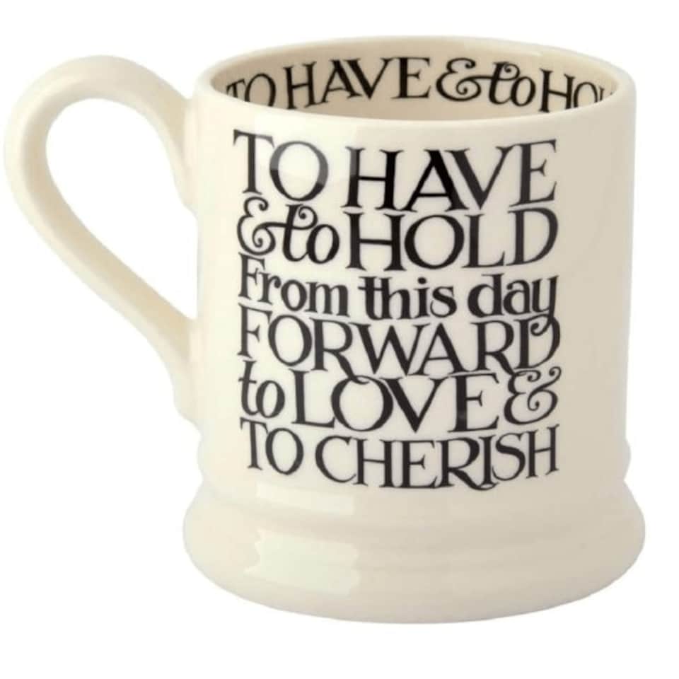 image 1 of Mug Set: 2 x 300ml Emma Bridgewater Black Toast Mrs & Mrs 1/2 Pint Mugs, Ceramic White