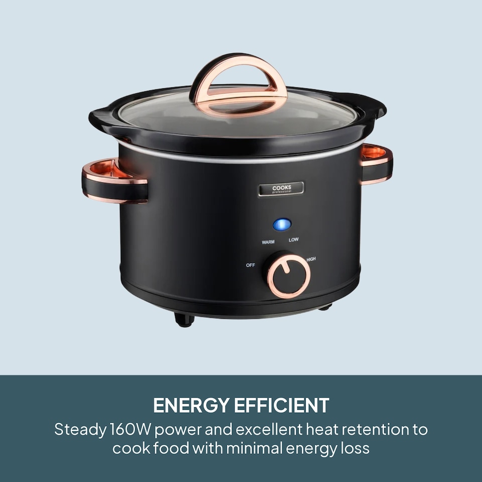 image 1 of Cooks Professional 2.5L Slow Cooker with Lid & Removable Bowl & 3 Heat Settings | Black | Black & Copper