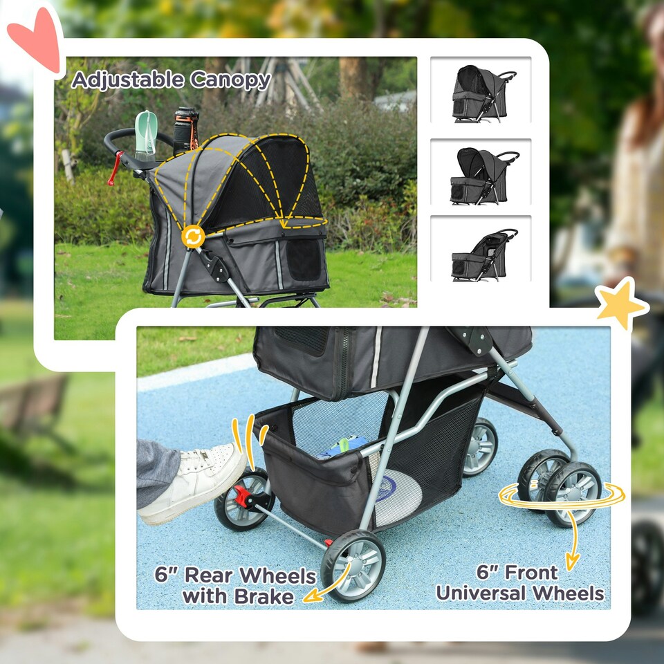 image 1 of PawHut Pet Stroller Carrier Foldable Deluxe Walk Travel Dog Dark Grey