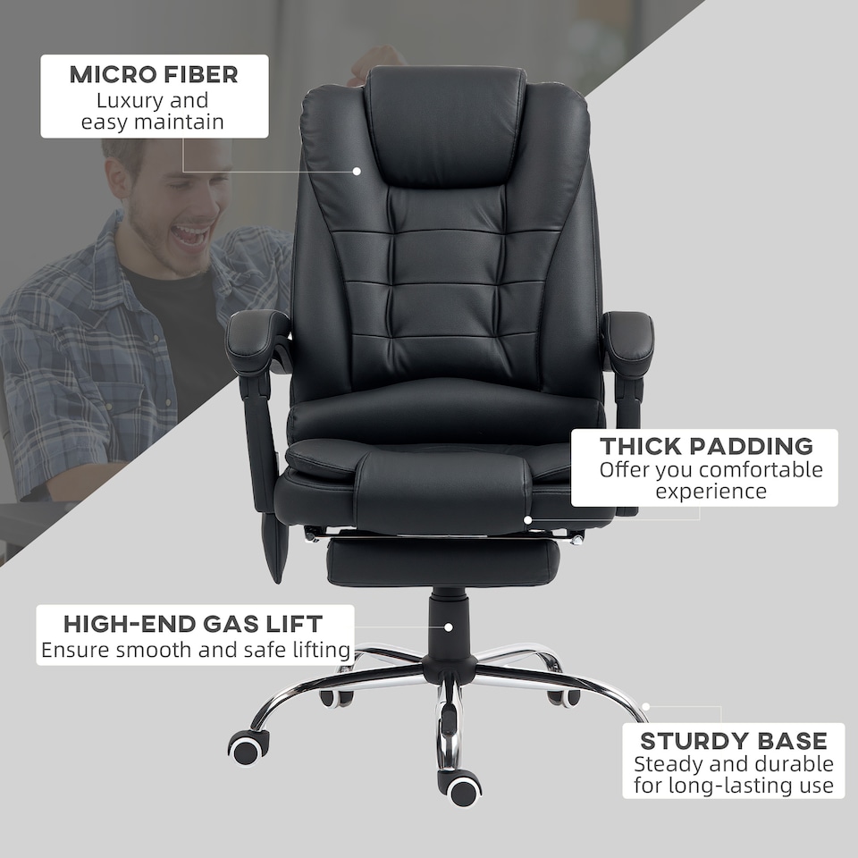 image 1 of Vinsetto Office Chair with 6 Point Massage and Back Heat, PU Desk Chair with Footrest Adjustable Height and Swivel Wheels, Back Reclining, Black