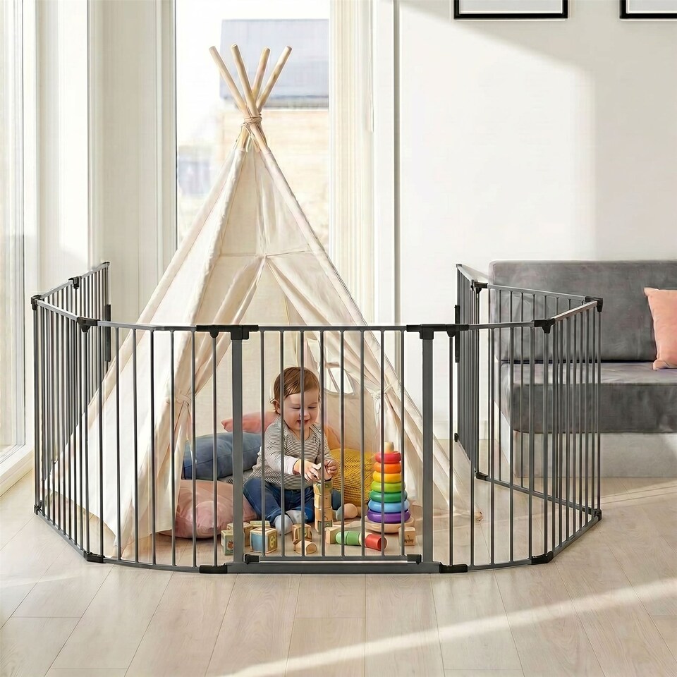 image 1 of Safetots Premium Multi Panel Room Divider, up to 154cm Wide, Grey, 70cm Tall, Flexible Barrier with Door for Baby and Toddler | Grey