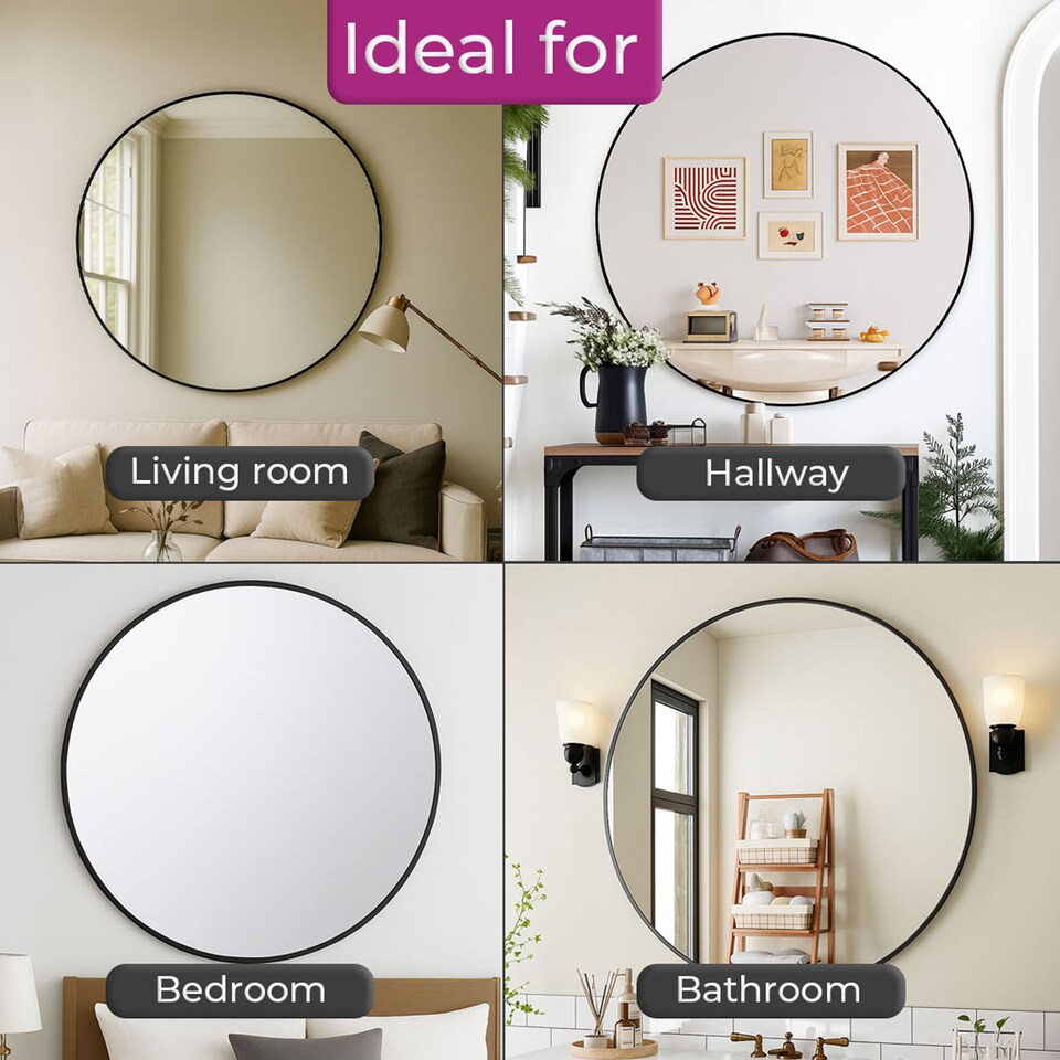 image 1 of Neo 70cm Black Round Metal Frame Wall Mirror Float Glass HD Reflection Anti Rust Moisture Proof Wall Mounted Bathroom Bedroom Hallway Living Room Vanity | Black | Black