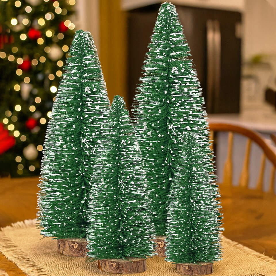 image 1 of Miniature Christmas Trees with Wooden Base for Xmas Village - 4pcs
