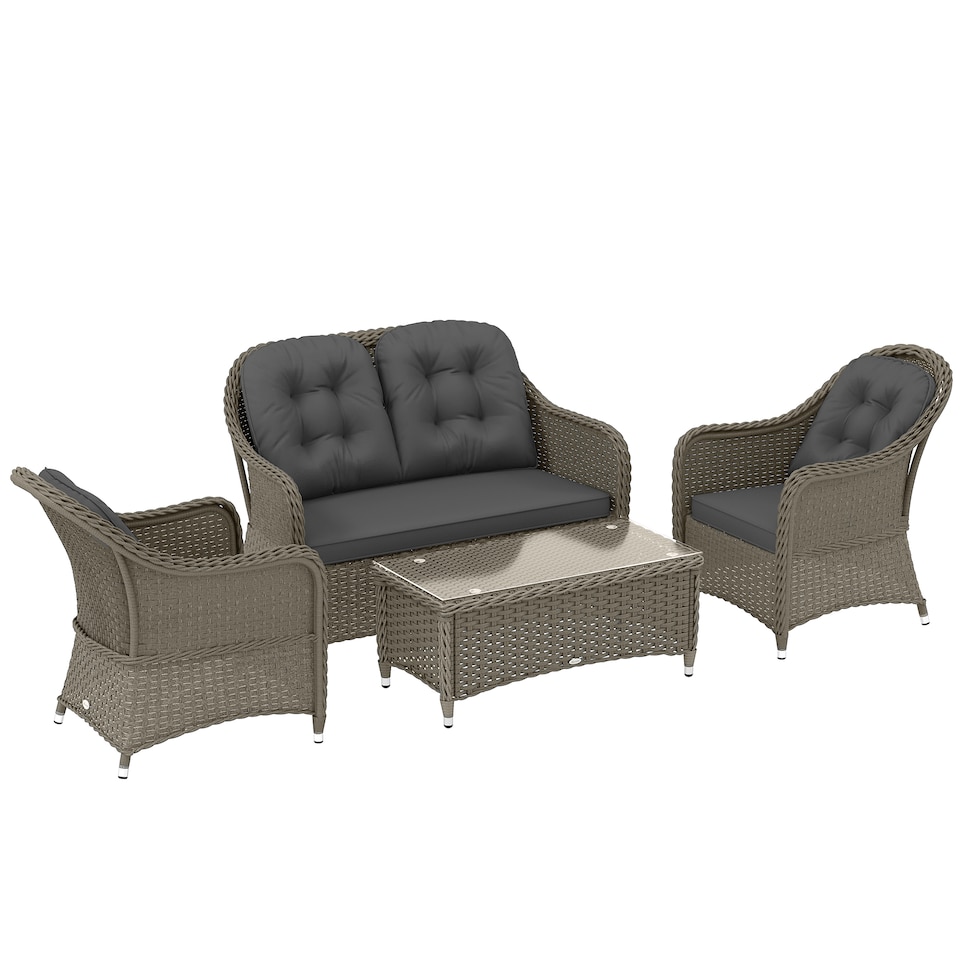 image 1 of Outsunny 4 Pieces Outdoor PE Rattan Garden Furniture with Cushions, Patio Special Hand Weave Wicker Conservatory Sofa Set with Glass Top Coffee Table, Light Grey | Grey | Four Seater