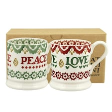 Mug Set: 2 x 300ml Emma Bridgewater Christmas Peace & Love Set, Set Of 2 Half Pint Mugs, Ceramic White