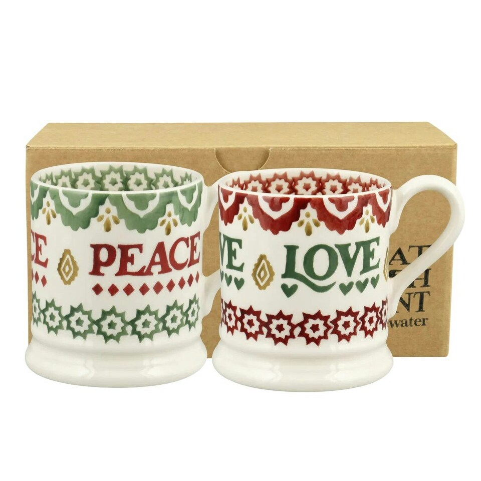 image 1 of Mug Set: 2 x 300ml Emma Bridgewater Christmas Peace & Love Set, Set Of 2 Half Pint Mugs, Ceramic White