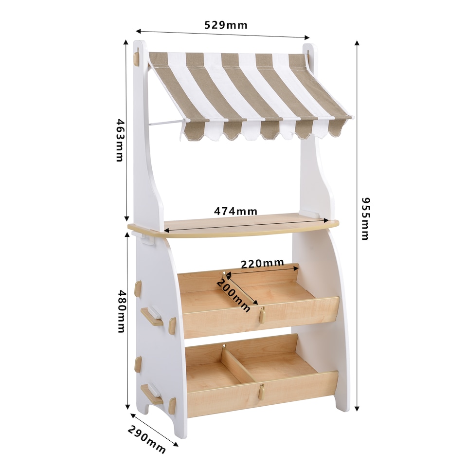 image 1 of Hooga Kids Wooden Toy Shop, Role Play Shop Market Stand With Realistic Shelving and Fabric Canopy