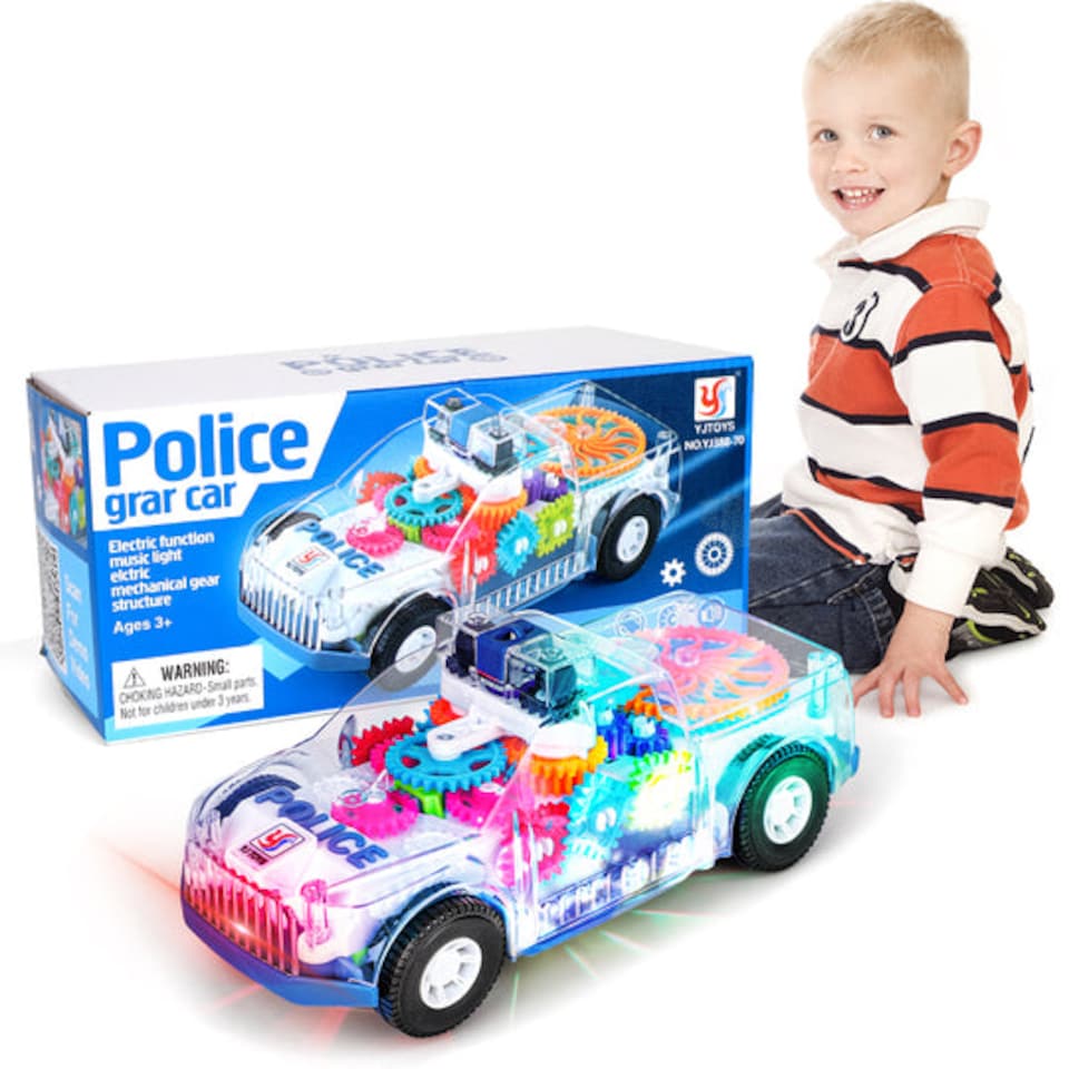 image 1 of Electric Transparent Police Gear Car Toy - Light & Sound Effects with Rotation & Obstacle Avoidance