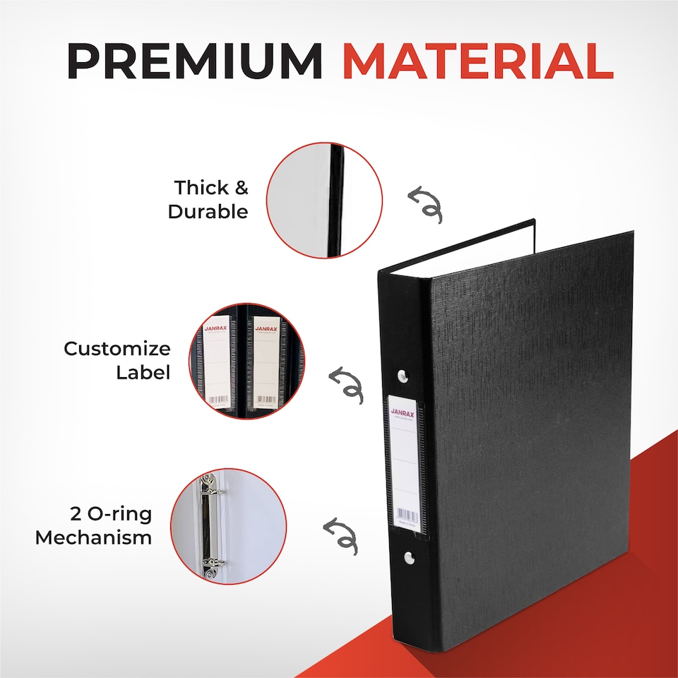 image 1 of Pack of 3 Janrax A5 Paper Over Board Ring Binders – 2 O-Ring Mechanism, 35mm Spine, Spine Label – Black, Blue, Red