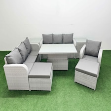 Fimous 9 Seater Poly Rattan Outdoor Garden Furniture Adjustable Lifting Dining or Coffee Table Sofa Set Patio 3 Seater Sofa Reclining Chair 3 Seater Sofa 2 Big Footstools 2 Side Table Light Grey