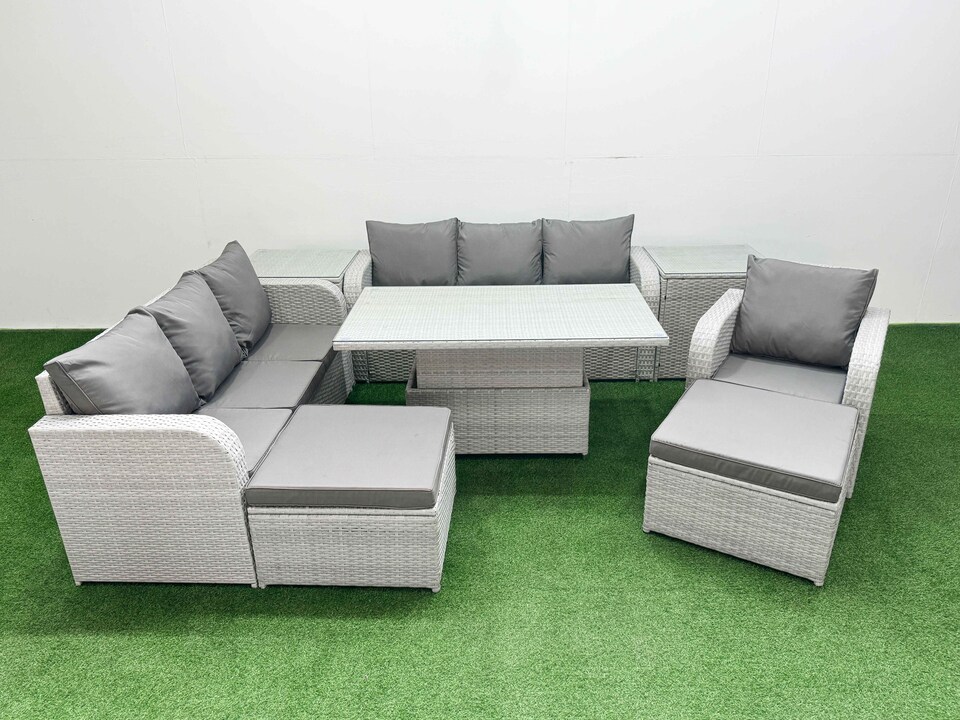 image 1 of Fimous 9 Seater Poly Rattan Outdoor Garden Furniture Adjustable Lifting Dining or Coffee Table Sofa Set Patio 3 Seater Sofa Reclining Chair 3 Seater Sofa 2 Big Footstools 2 Side Table Light Grey