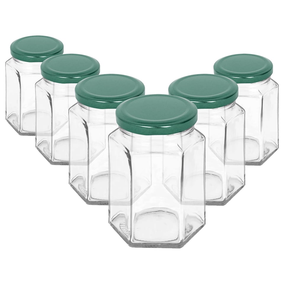 image 1 of Argon Tableware Hexagonal Glass Jam Jars with Green Lids - 250ml - Pack of 6