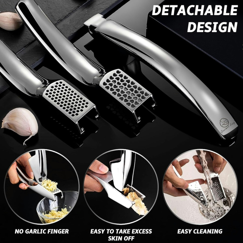 image 1 of Gourmet Easy Stainless Steel Garlic Press with Two Detachable Handles - Fine & Coarse Garlic