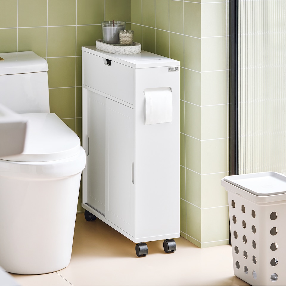 image 1 of SoBuy BZR31-W,Slim Bathroom Cabinet on Wheels with Sliding Doors | White | White | 1