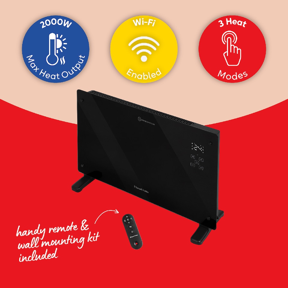 image 1 of Russell Hobbs RHPANH2006B Glass Panel Electric Heater 2000W Smart Wi-Fi Enabled in Black