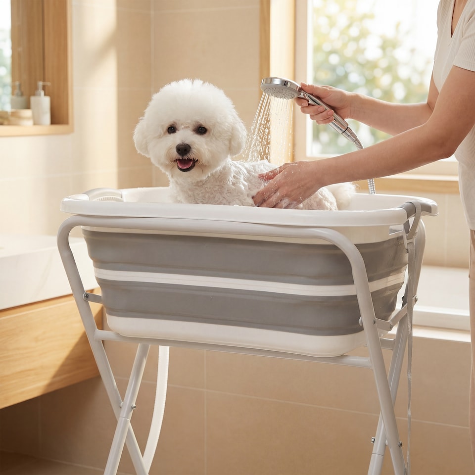 image 1 of PawHut 27L Dog Bath Tub Foldable Pet Bathtub with Stand Grey