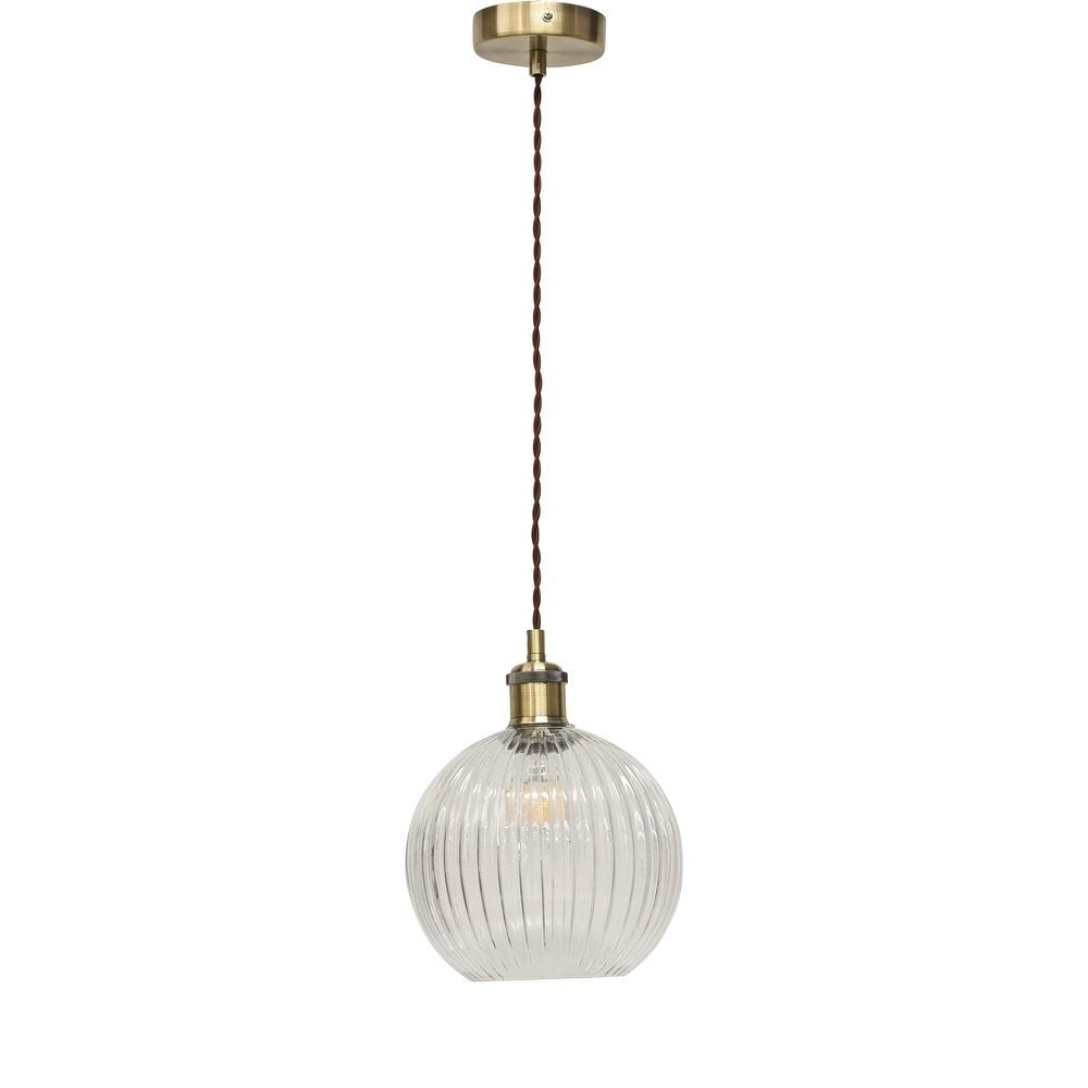 Betchley - Clear Ribbed Glass Globe Antique Brass Retro Light Fitting