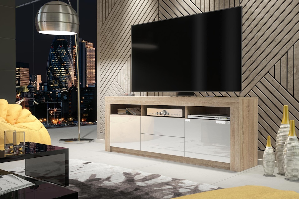 image 1 of TV Unit TV Stand Media Cabinet Sideboard Oak White High Gloss Storage 160cm