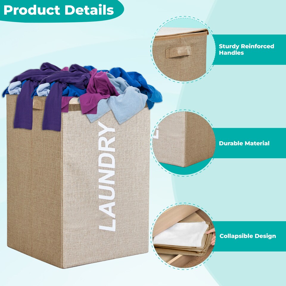 image 1 of 57L Collapsible Laundry Basket with Lid Portable Clothes Hamper