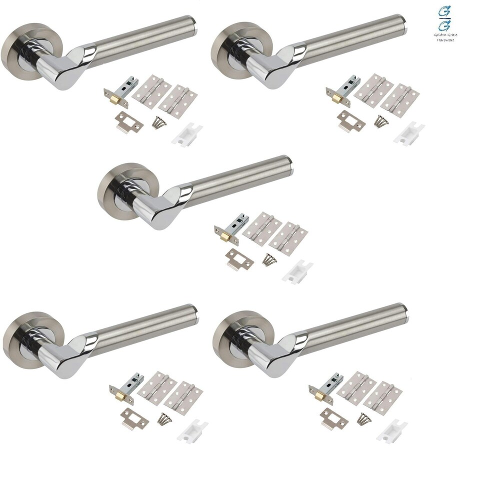 Golden Grace 5 Sets Titan Style Modern Lever Door Handles on Round Rose in Duo Finish with Hinges & Latches | Grey | 5 Set