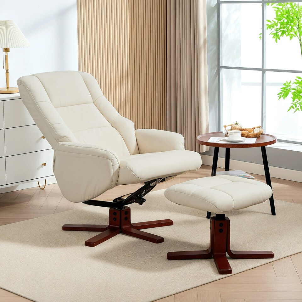 image 1 of HOMCOM Recliner Armchair with Wood Base, Upholstered Reclining Chair, Cream Cream