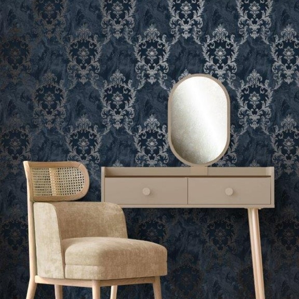 image 1 of Sienna Damask Navy Wallpaper Blue