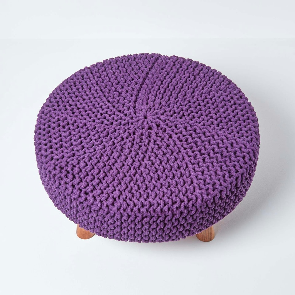 image 1 of Homescapes Purple Large Round Cotton Knitted Footstool on Legs
