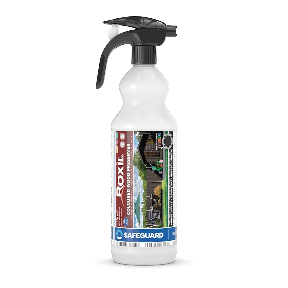 image 1 of Roxil Wood Stain Preserver 1L Spray (Charcoal) for Decking, Fence, Shed, Furniture