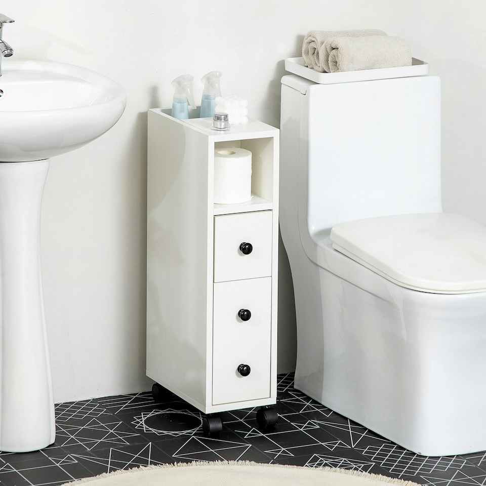 image 1 of kleankin Slim Bathroom Storage with 2 Drawers, 2 Open and Wheels, White