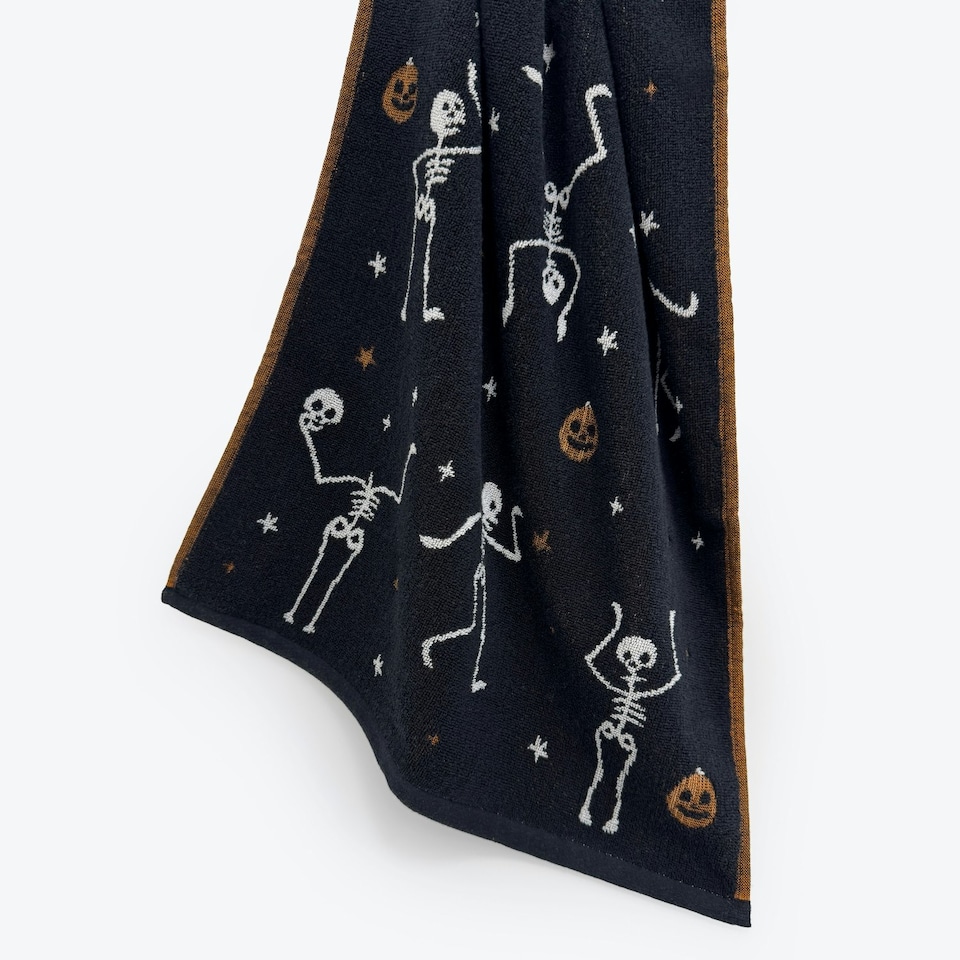 image 1 of Luxury Halloween Hand Towels Pack of 2 - 100% Cotton Spooky Tea Towels Black | Skeletons