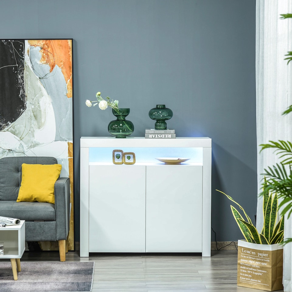 image 1 of HOMCOM 2-Door Sideboard with LED Light, High Gloss Lighted Storage Cabinet with Shelves and Open Compartment, Modern Kitchen Sideboard for Dining Room, Living Room, 107 x 35 x 97cm, White