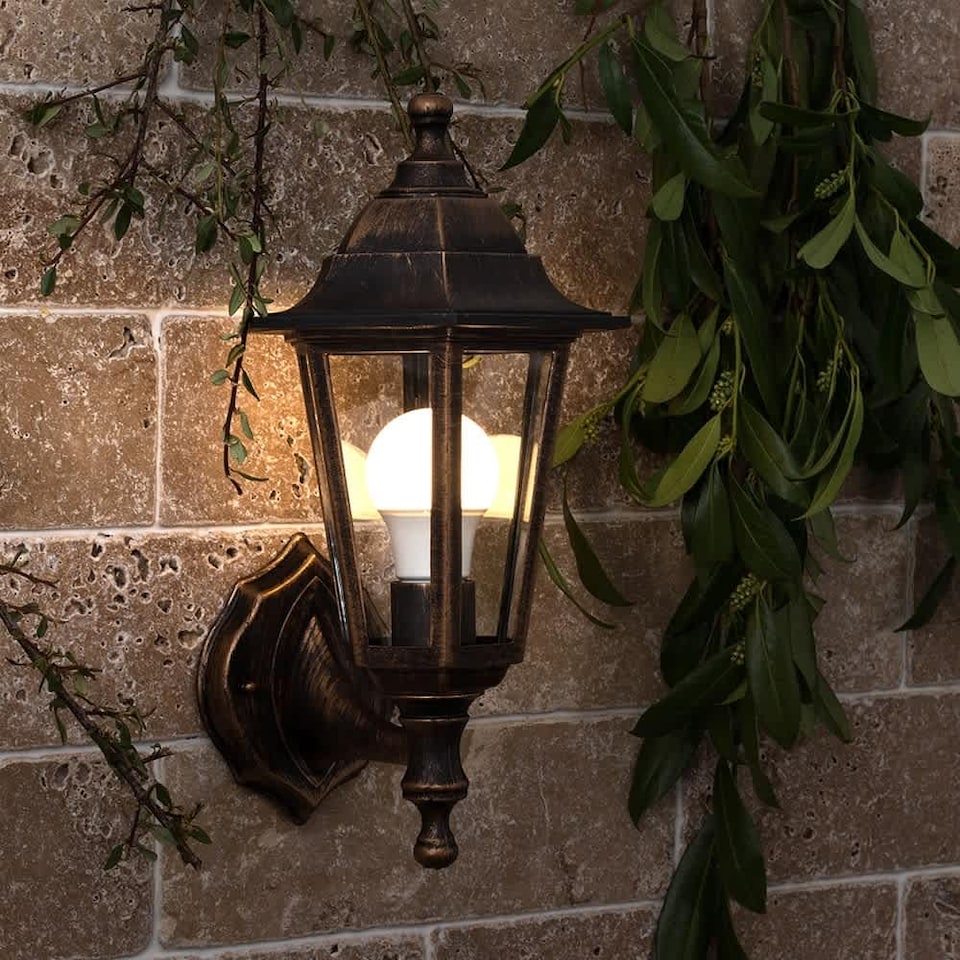 image 1 of ValueLights Mayfair Antique Brass Outdoor Security Wall Lantern | Gold