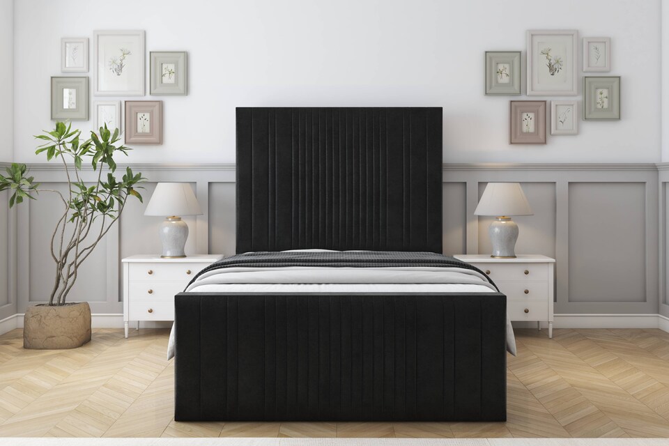 image 1 of Sloomy Kingsley Black Plush Bed Frame With Mattress With 50" Upholstered Headboard 6' Super King