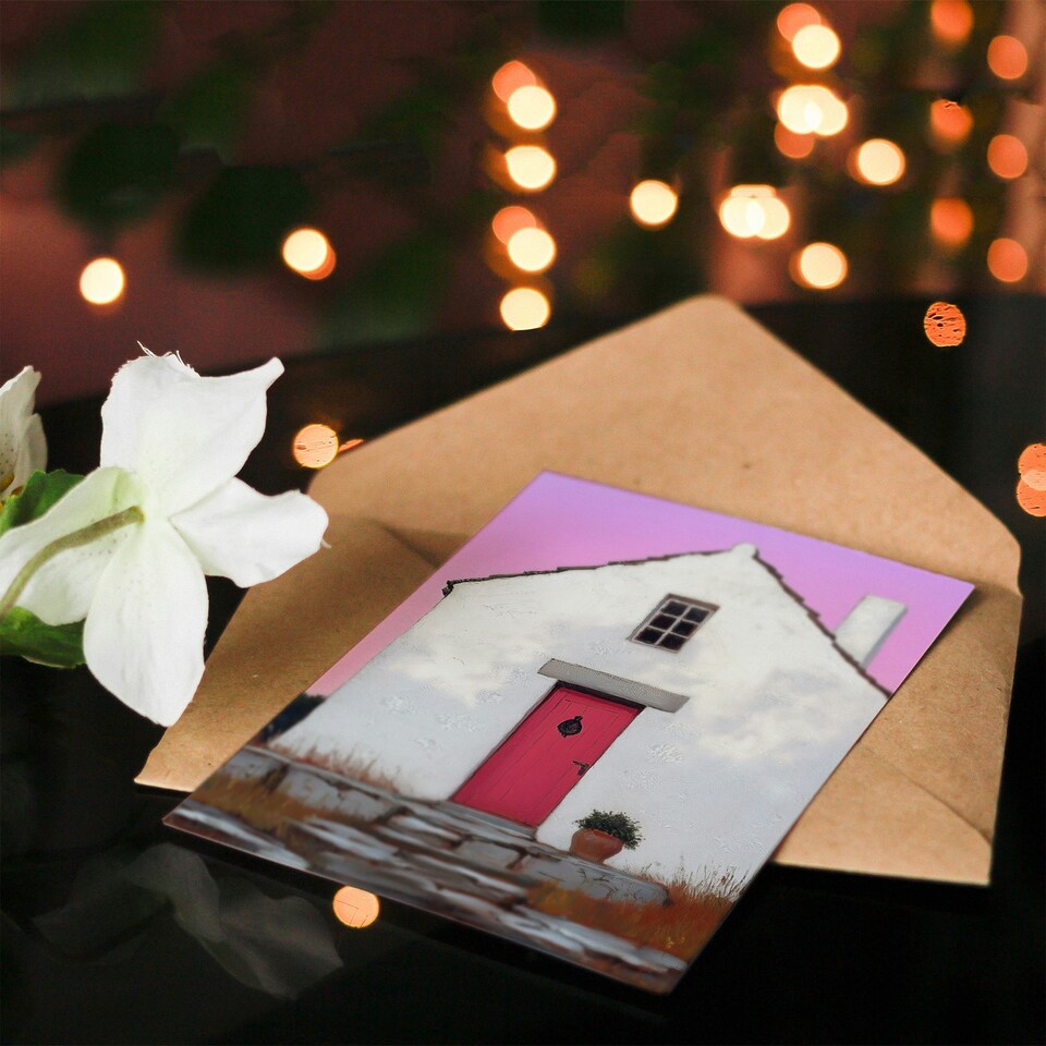 image 1 of Scottish White Bothy Cottage With Red Front Door Birthday Greeting Card