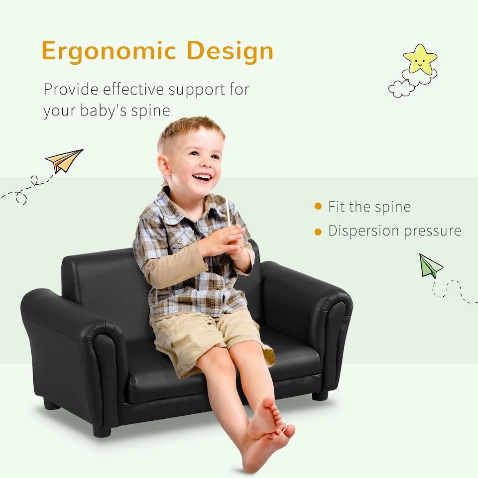 image 1 of HOMCOM Kids Twin Sofa 2 Seater Toddler Chair Double Seat Armchair w Footstool | Black | One Size