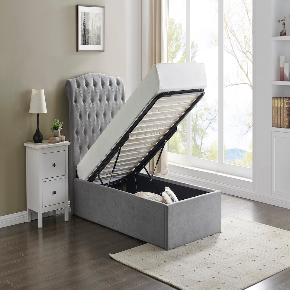 image 1 of 3ft Single Ottoman gas liftup storage bed frame,fabric upholstered, light grey,buttoned back,curved bed frame,bedstead