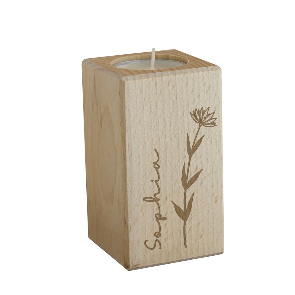 image 1 of Personalised Floral Wooden Tealight Holder | Brown