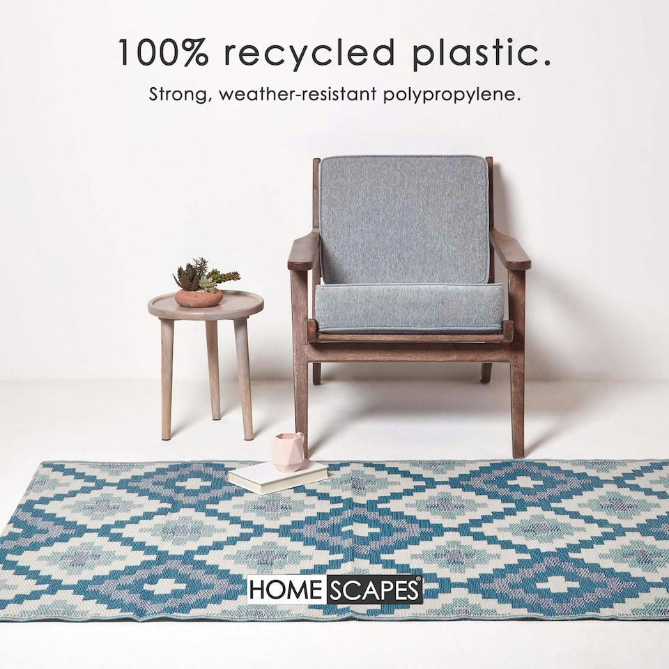 image 1 of Homescapes Outdoor Rug Luxury Waterproof Reversible Recycled, For Garden, Mia Aztec Blue | 120 x 180 cm