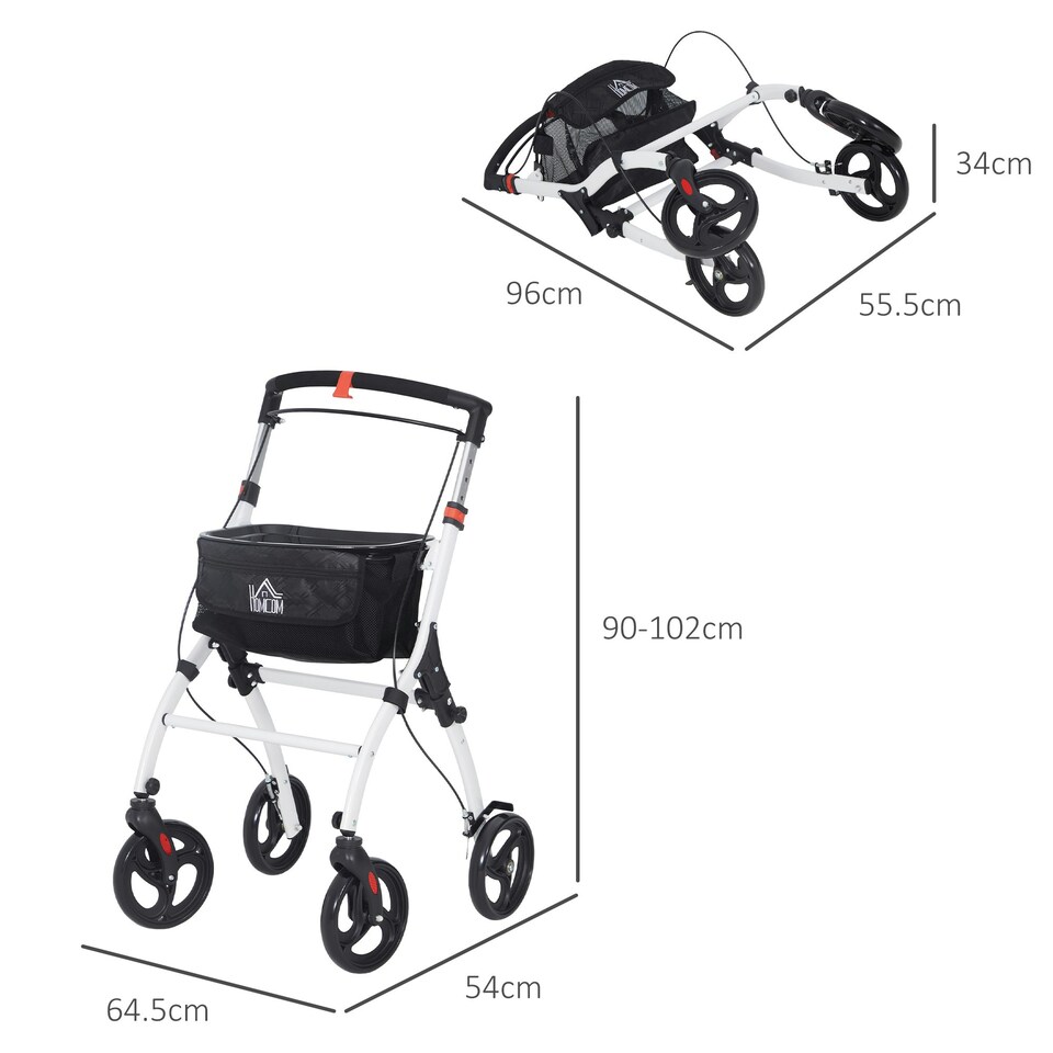 image 1 of HOMCOM Folding Upright Rollator Walker with Storage Bag, Tray, White