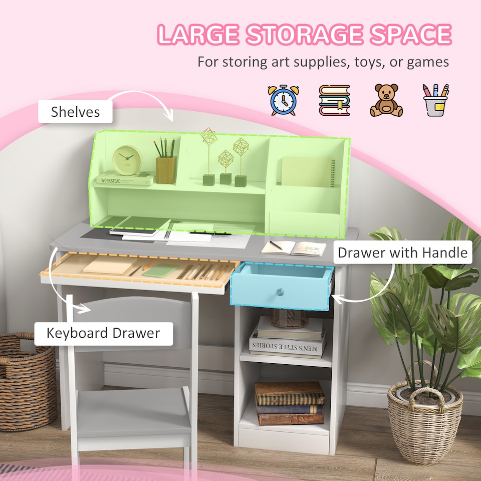 image 1 of ZONEKIZ Kids Desk and Chair Set with Storage for 5-8 Years | Grey