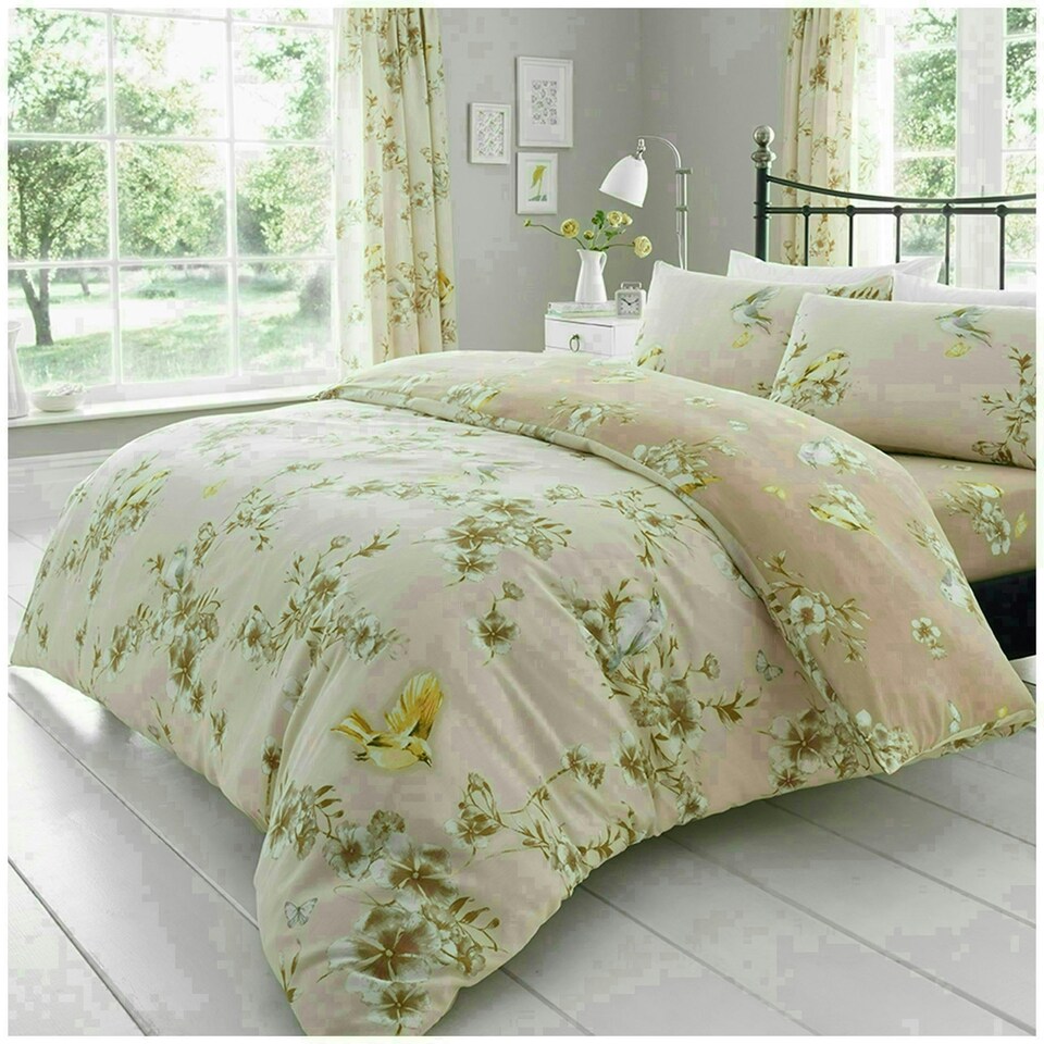 image 1 of VELVETIO Birdie Blossom Printed Duvet Cover Set Reversible Polycotton Beddings Cream | Natural | Double