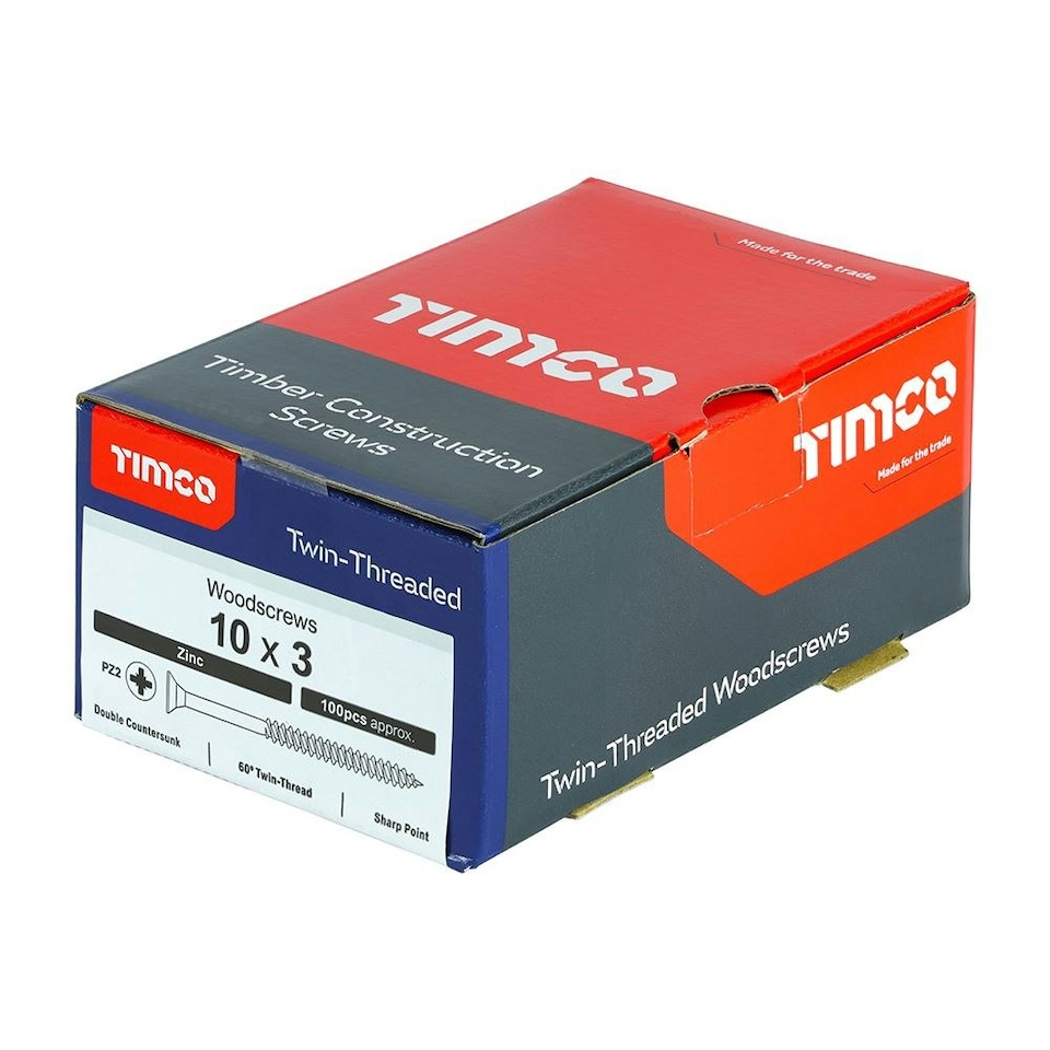 image 1 of Timco - Twin-Threaded Woodscrews - PZ - Double Countersunk - Zinc (Size 10 x 3 - 100 Pieces)