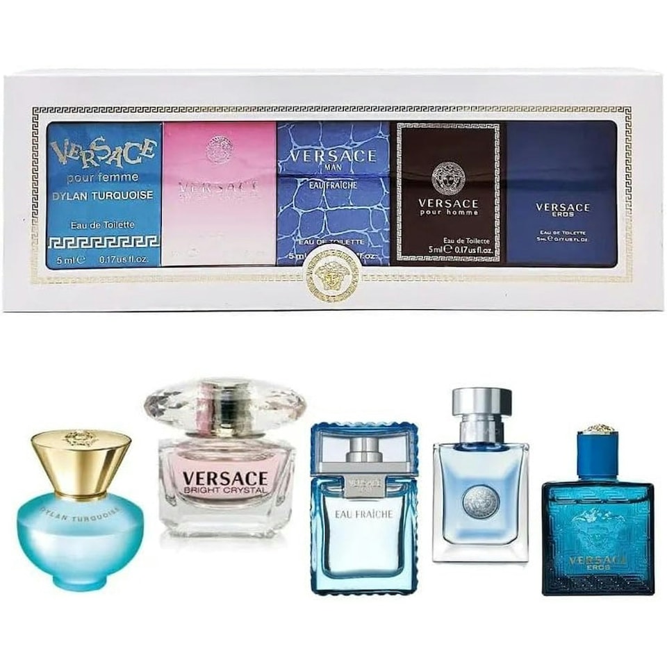 image 1 of Versace Miniatures Gift Set 5ml Dylan Turquoise EDT + 5ml Bright Crystal EDT + 5ml Eau Fraiche EDT + 5ml Pour Homme EDT + 5ml Eros EDT