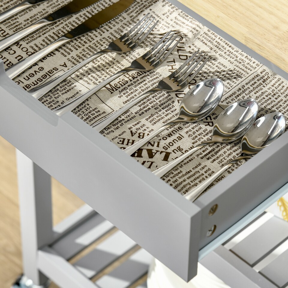 image 1 of HOMCOM Kitchen Trolley Utility Cart on Wheels with Rubberwood Worktop, Towel Rack, Storage Shelves & Drawer for Dining Room, Grey