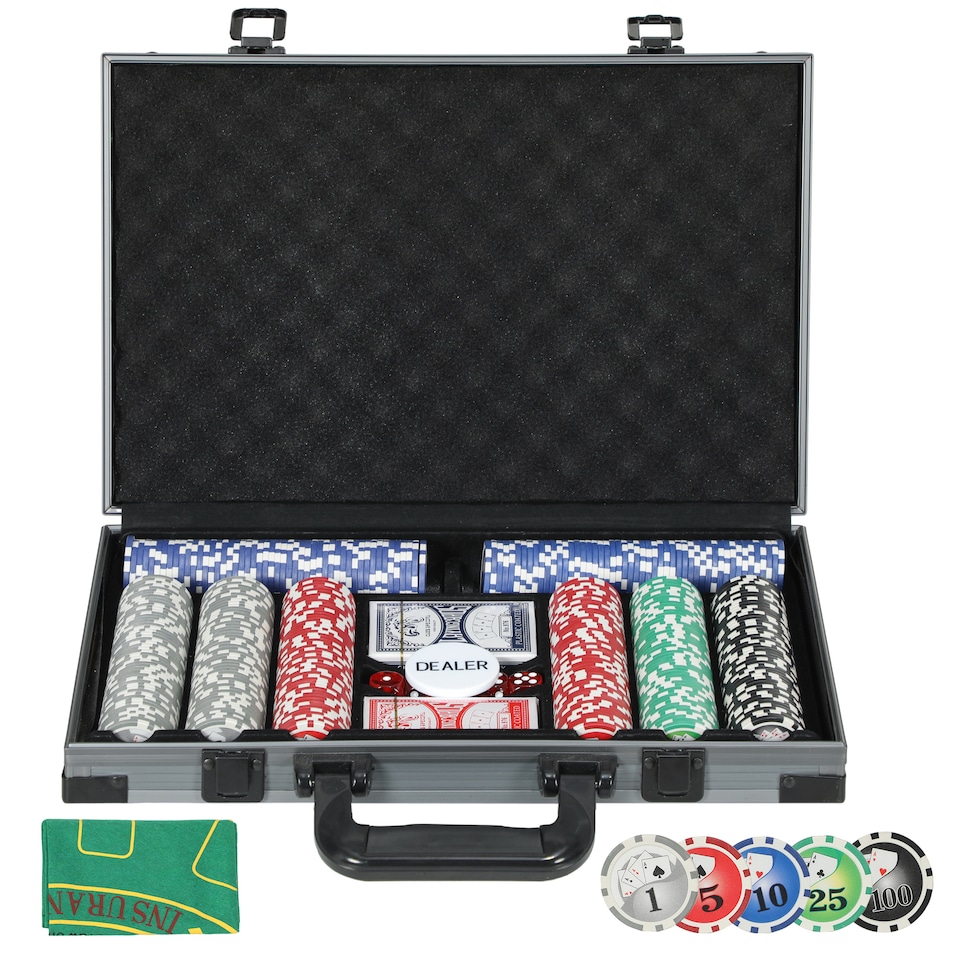 image 1 of SPORTNOW 400-Piece Poker Chips Set with Lightweight ABS Case, Casino Texas Holdem Poker Set with Mat, 11.5g Numbered Poker Chips, Two Decks of Cards, Dealer, Five Dices, Grey