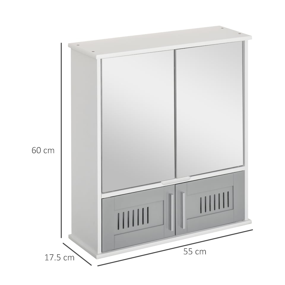 image 1 of kleankin Bathroom Mirror Cabinet, Wall Mounted Storage Cupboard with Double Doors and Adjustable Shelf, Bathroom Organizer, Grey